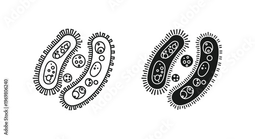 Black and white illustration of bacteria and microorganisms detailed silhouette