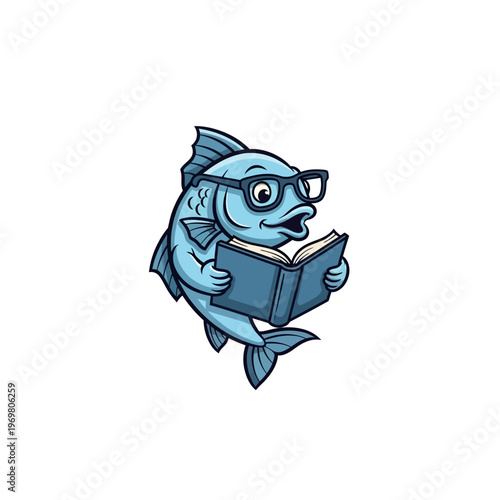 A blue cartoon fish wearing glasses reading a book.