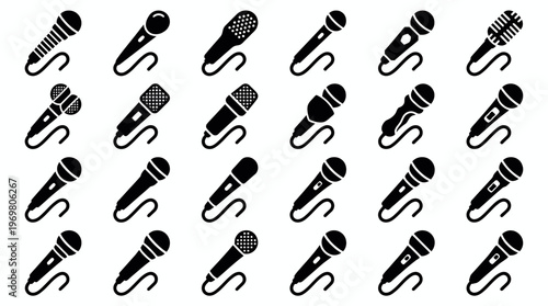Set of various microphone silhouette icons with different shapes and cable details on white background, representing professional audio recording gear, illustrating podcasting or music performance