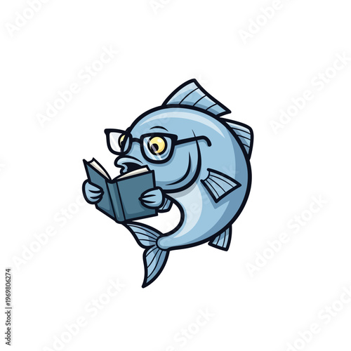 A blue fish wearing glasses reading a book.