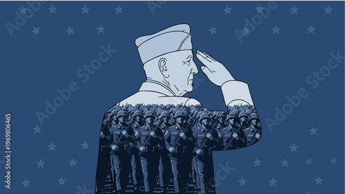 Veteran Saluting Double Exposure Vector, Patriotic Silhouette of Soldier with Military Parade, Memorial Day and Veterans Day Tribute Illustration