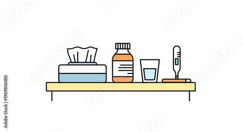 Medicine bottle, tissues, glass of water, and thermometer on shelf  