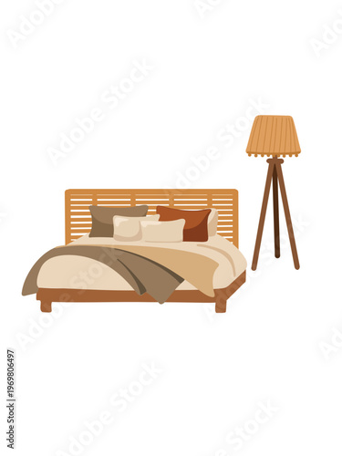boho chic double bed stylish bedding layered textiles illustration