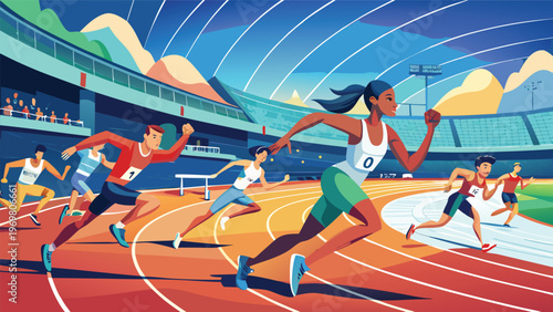 Athletes competing in a thrilling race on a vibrant track stadium under a bright sky, showcasing the dynamic energy of a sporting event