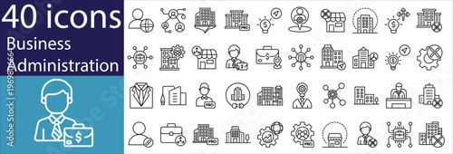 Business administration icon bundle with symbols for workflow, leadership, finance, marketing, and operations. High-quality vector set suitable for professional and corporate projects.
