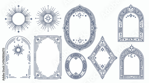 Collection of mystical celestial frame borders and sunburst elements in a linear esoteric style on white background, Symbolizing occult aesthetic for branding and illustrating tarot card design
