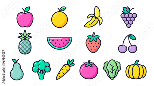 Collection of colorful flat line vector icons featuring fresh fruits and healthy vegetables on white, representing organic food menu design and illustrating nutritional education concepts