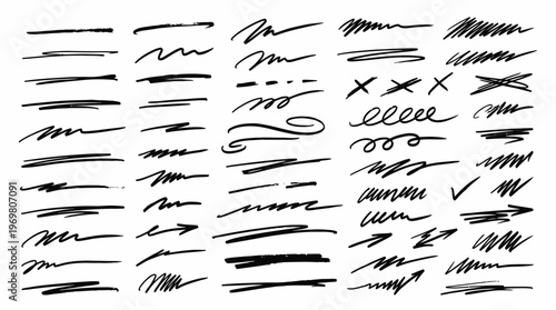 Set of hand drawn black ink brush strokes scribbles underlines arrows and crosses on white background, symbolizing creative graphic design, illustrating artistic notes and highlights