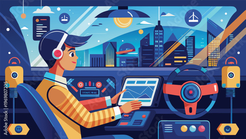A young man wearing headphones, sitting in the driver's seat of a futuristic vehicle, with a city skyline visible through the windshield, interacting with a digital dashboard
