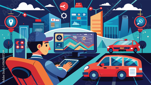 A young man wearing headphones, sitting in the driver's seat of a futuristic vehicle, with a city skyline visible through the windshield, interacting with a digital dashboard