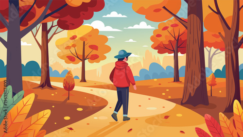 A person walks along a winding path through a park filled with autumn trees, their leaves a vibrant display of orange, red, and yellow, under a partly cloudy sky