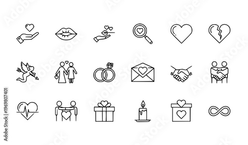 Geometric heart and love line icons set with romance charity and relationship symbols linear vector pack