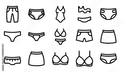 Monoline underwear icons set with lingerie swimwear and clothing symbols bold line vector collection
