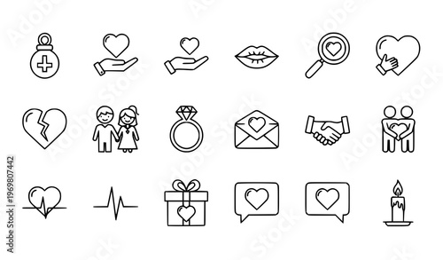 Heart and love outline icons set with charity romance and relationship symbols clean thin line vector