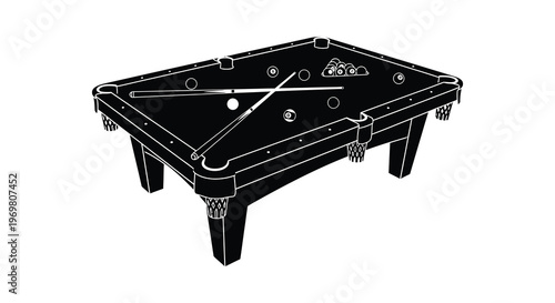 Billiard table with balls and cues a striking black silhouette