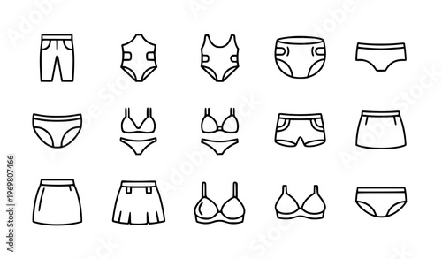 Rounded underwear outline icons set with lingerie and swimwear soft line clothing vector pack
