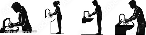 Collection of silhouettes of people washing their hands with water.