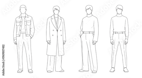 Men Outfit Outline Character Set - Male Clothing Fashion Vector Collection