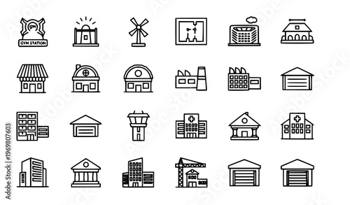 Monoline building icons set with architecture construction and urban structures bold line vector collection