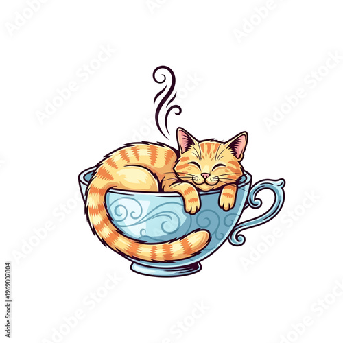 Sleeping cat in a teacup illustration.