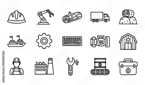 Monoline industry icons set with factory construction and machinery symbols bold line vector collection