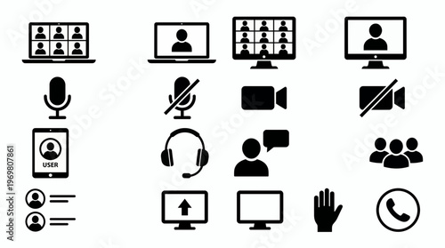 Flat vector icon set featuring laptop screens with video grids, microphones, headsets and UI elements for remote collaboration, representing online meeting software and virtual workspace tools