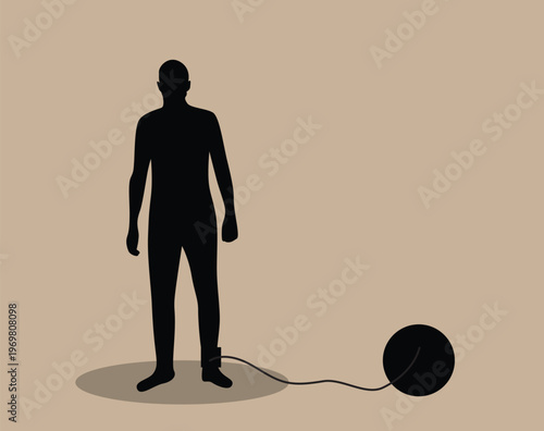A Slave with Shackles Silhouette. Slavery and captivity, human trafficking concept