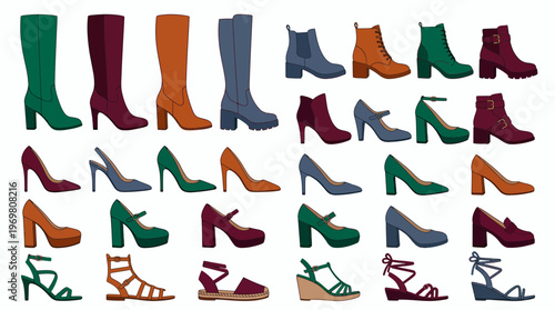 Collection of various women's footwear including high heels boots pumps and sandals on white background, representing fashion industry catalog and providing diverse options for retail