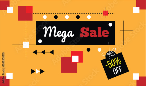 Abstract Mega Sale Banner with a Label and Geometric Figures. Business and retail sale promotion vector art