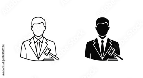 Two male figures in suits with gavels a striking visual silhouette