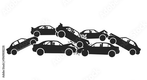 Dramatic car crash scene depicted in black bold shapes a striking silhouette