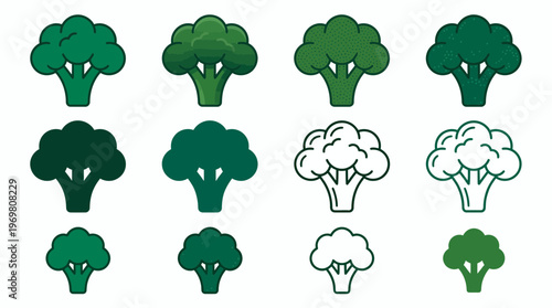 Collection of various green broccoli vegetable icons in flat and outline styles isolated on white background, represents healthy eating habits and provides visual elements for culinary design