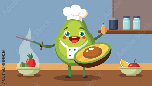 Friendly avocado chef cooking breakfast cute food mascot, playful culinary illustration for kids