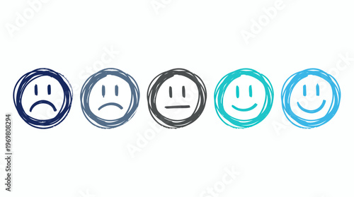 Row of five hand drawn emoticon faces ranging from sad to happy in blue scribble sketch style on white background, Symbolizing customer satisfaction rating and illustrating feedback levels
