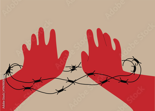 Line Art Slave Hands in Barbed Wire. Slavery and captivity, human trafficking concept