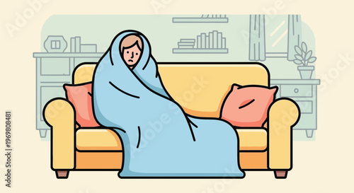 Woman sitting on yellow sofa wrapped in blue blanket indoors  