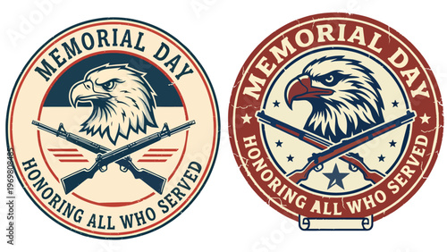 Memorial Day Vector Badge Set with Bald Eagle and Crossed Rifles, Honoring All Who Served Patriotic Vintage Stamps for US Military and Veterans Day