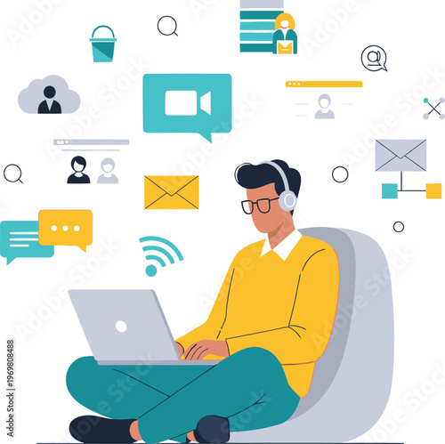 Man wearing headset using laptop with social media icons floating around