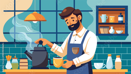 A friendly barista with a beard and apron carefully prepares coffee in a cozy cafe, holding a blue kettle over a cup, with shelves and mugs in the background