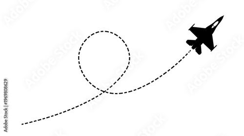 Black silhouette of a military fighter jet flying upwards leaving a dashed loop path on a clean white background, symbolizing air force maneuvers and illustrating aviation acrobatics performance