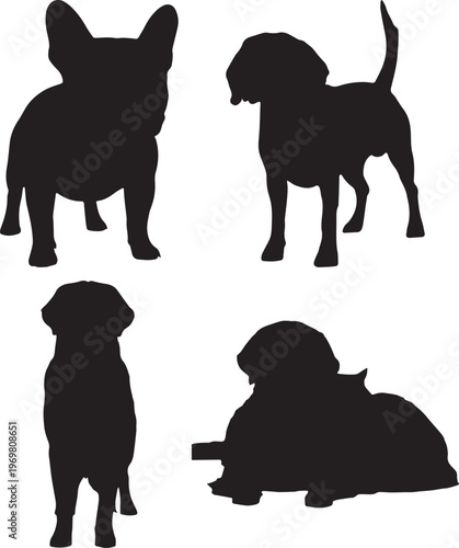 Black dog silhouettes set of 4 vector icons, domestic pet breed outlines including French Bulldog and Beagle, canine animal shapes for logos