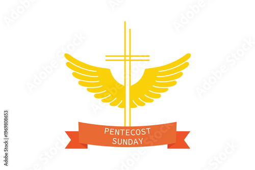 Pentecost Sunday banner with dove in flame. Invitation the Christian service of Pentecost with Holy Spirit and text. Vector illustration