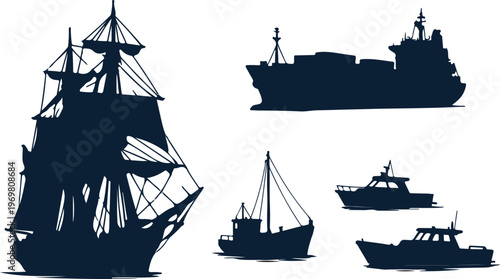 Ship Silhouettes Set, Tall Ship, Cargo and Small Vessels on White Background