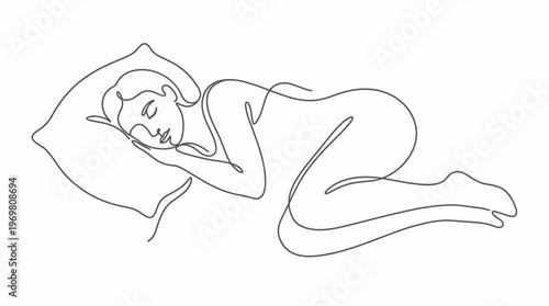 Continuous one line drawing of a woman sleeping peacefully in fetal position on a soft pillow with minimalist aesthetic style, symbolizing healthy bedtime routine and provides mental wellness
