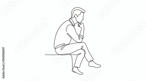 Continuous one line drawing of a pensive man sitting while resting his chin on his hand, representing deep philosophical contemplation and symbolizing mental health or problem solving