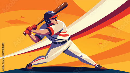 A baseball player in mid-swing, wearing a white and red uniform, helmet, and batting gloves, poised against a vibrant orange and yellow abstract background with a swooshing white element