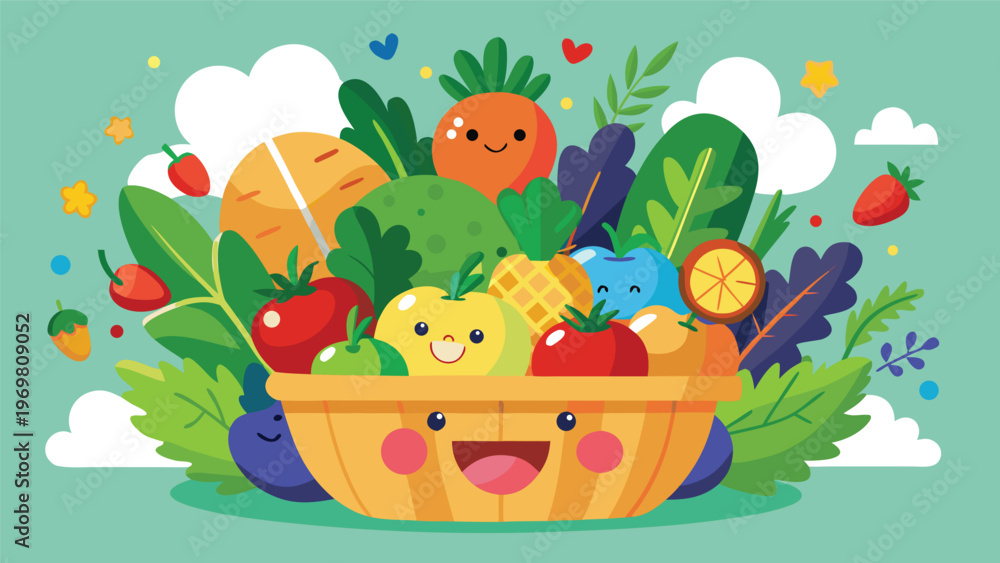 Fototapeta premium Happy basket of smiling vegetables cheerful produce characters, kid-friendly flat illustration promoting healthy eating