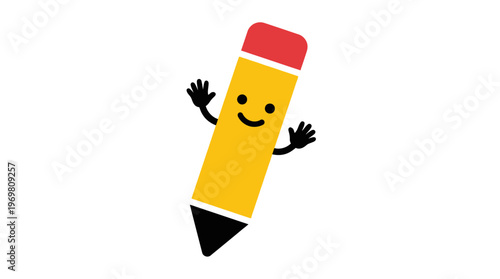 A cheerful yellow cartoon pencil with a happy face and waving arms, standing upright against a clean white background.