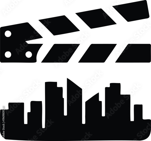 Film clapper board and city skyline silhouette graphic design element for movie production isolated on white background