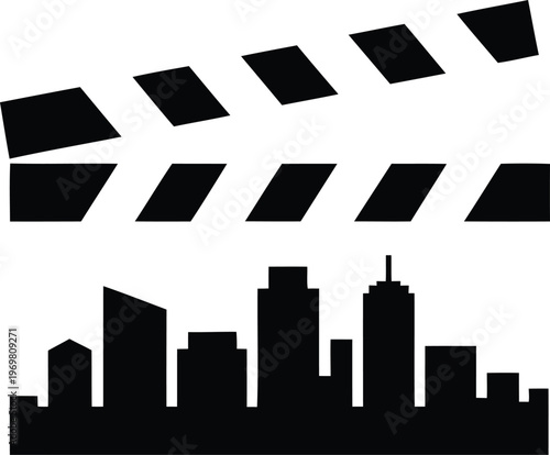 City skyline silhouette with film clapper board graphic elements isolated on transparent background